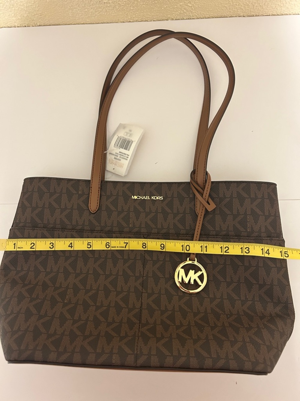 Michael Kors Brown Monogram Tote with Gold MK Charm - Picture 11 of 12